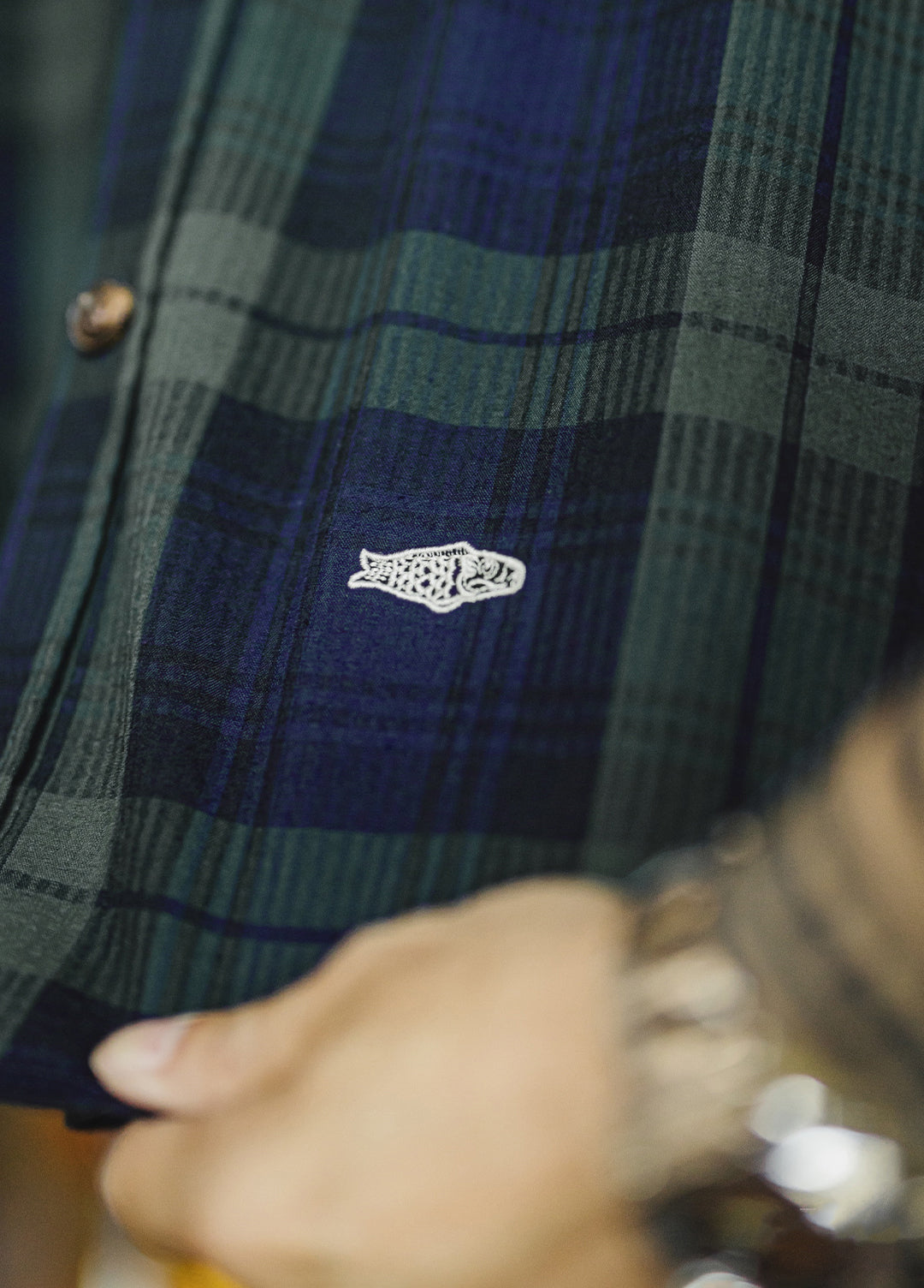 American Retro Blue-Green Plaid Embroidery Texture Thin Men's Shirt - Harmony Gallery