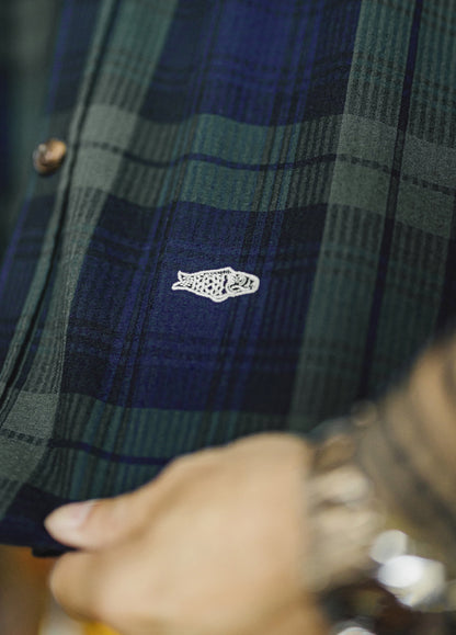 American Retro Blue-Green Plaid Embroidery Texture Thin Men's Shirt - Harmony Gallery