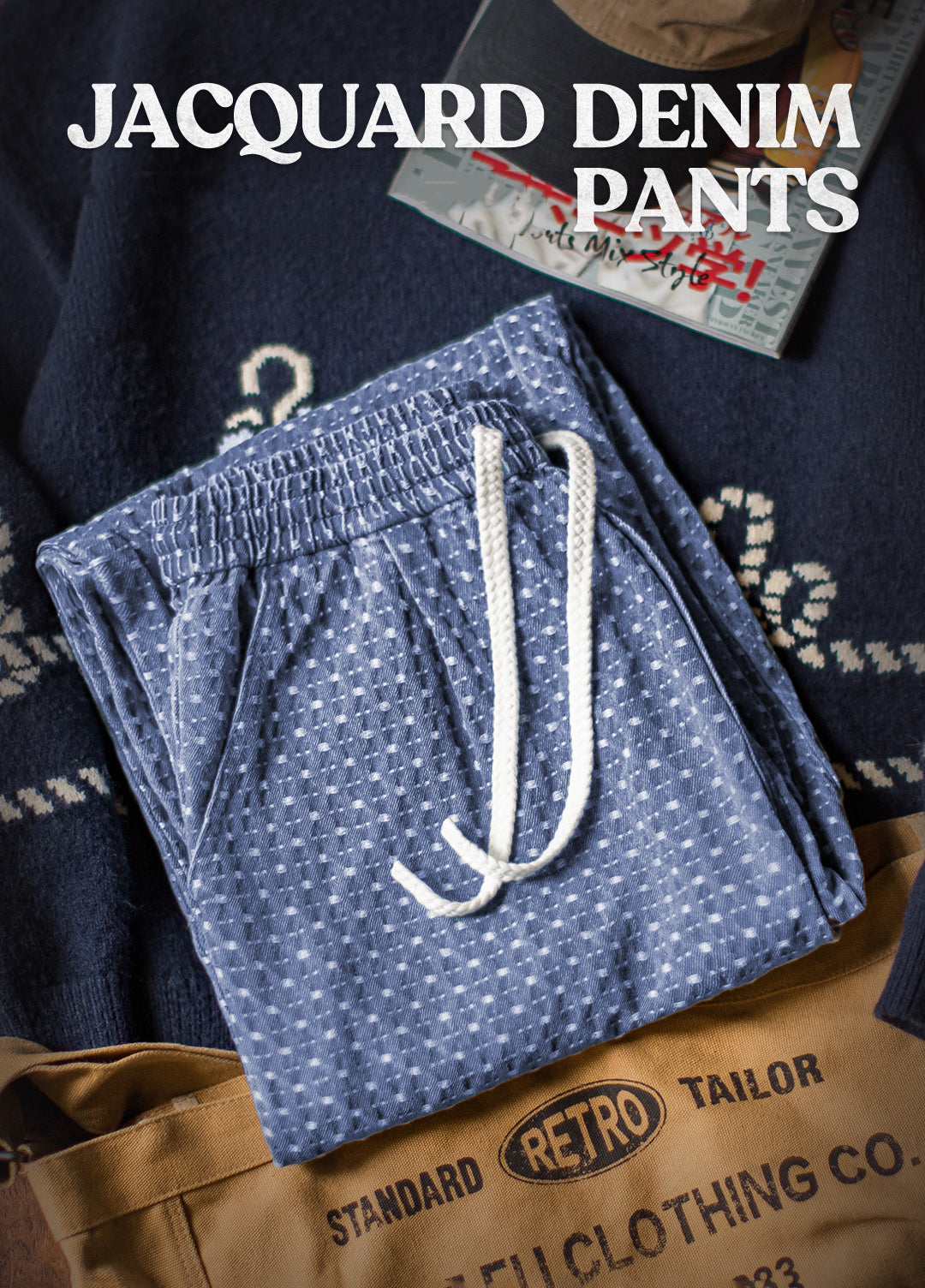 American Retro Full Print Jacquard Washed Denim Straight Drape Men's Jeans - Harmony Gallery