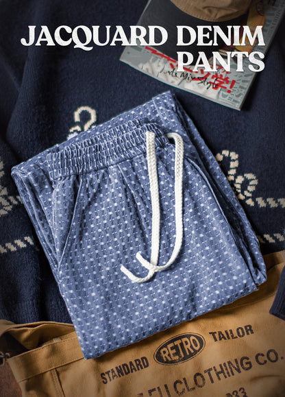 American Retro Full Print Jacquard Washed Denim Straight Drape Men's Jeans - Harmony Gallery