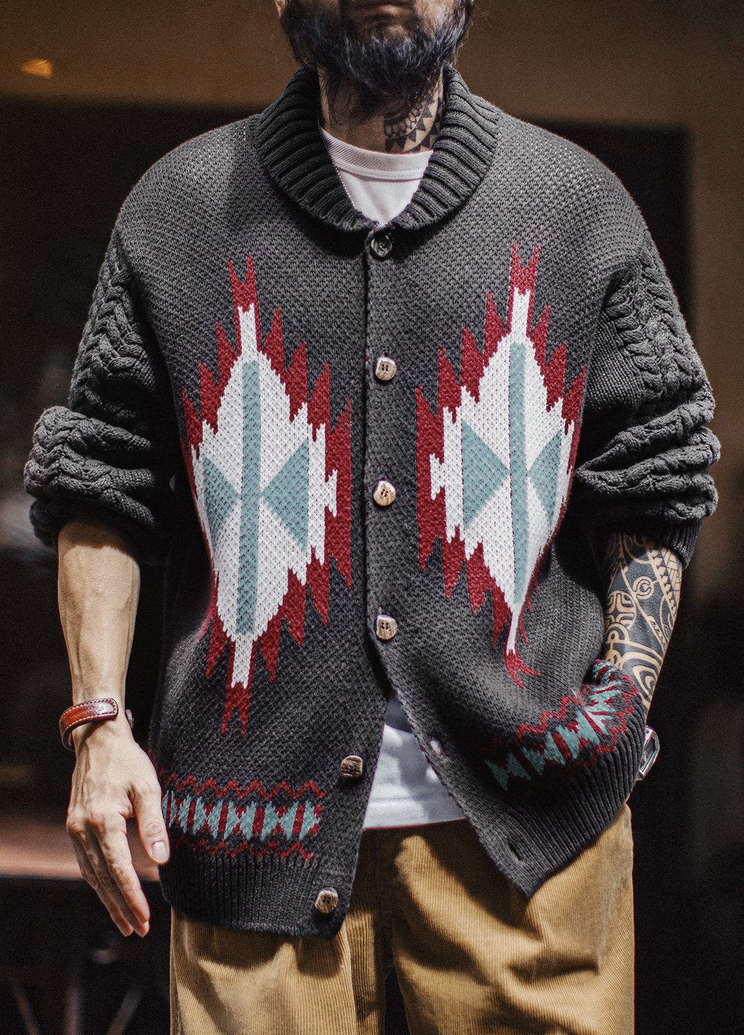 American Charcoal Gray Vintage Fruit Collar Cardigan Knitted Elasticity Men's Jacket - Harmony Gallery