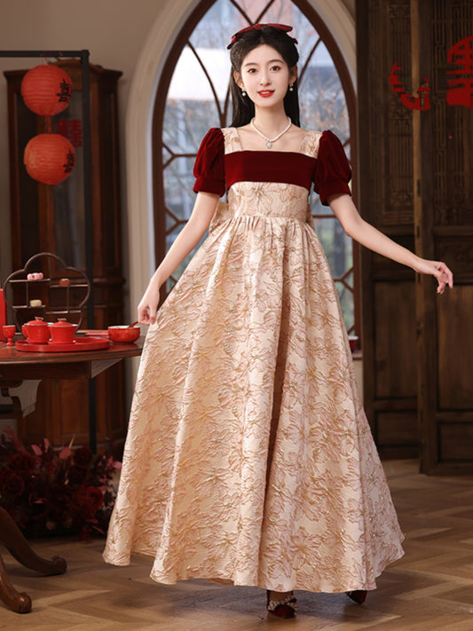 Vintage-Inspired Floral Jacquard Ball Gown with Velvet Accents