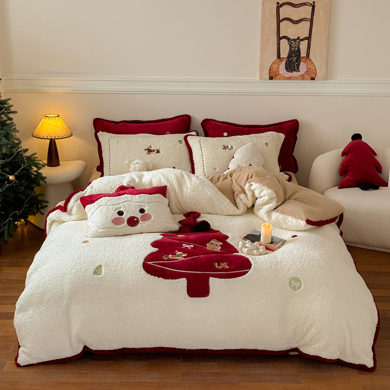 Christmas Cartoon Red Tree Thickened Lambskin Four-piece Warm Winter Bed Set - Harmony Gallery