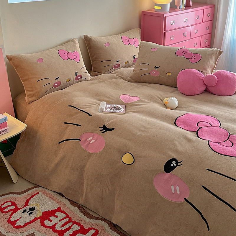 Children's Hello Kitty Little Milk Fleece Cartoon Winter Four-Piece Bed Set
