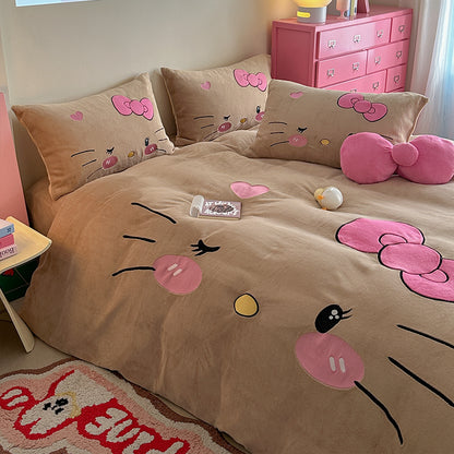 Children's Hello Kitty Little Milk Fleece Cartoon Winter Four-Piece Bed Set