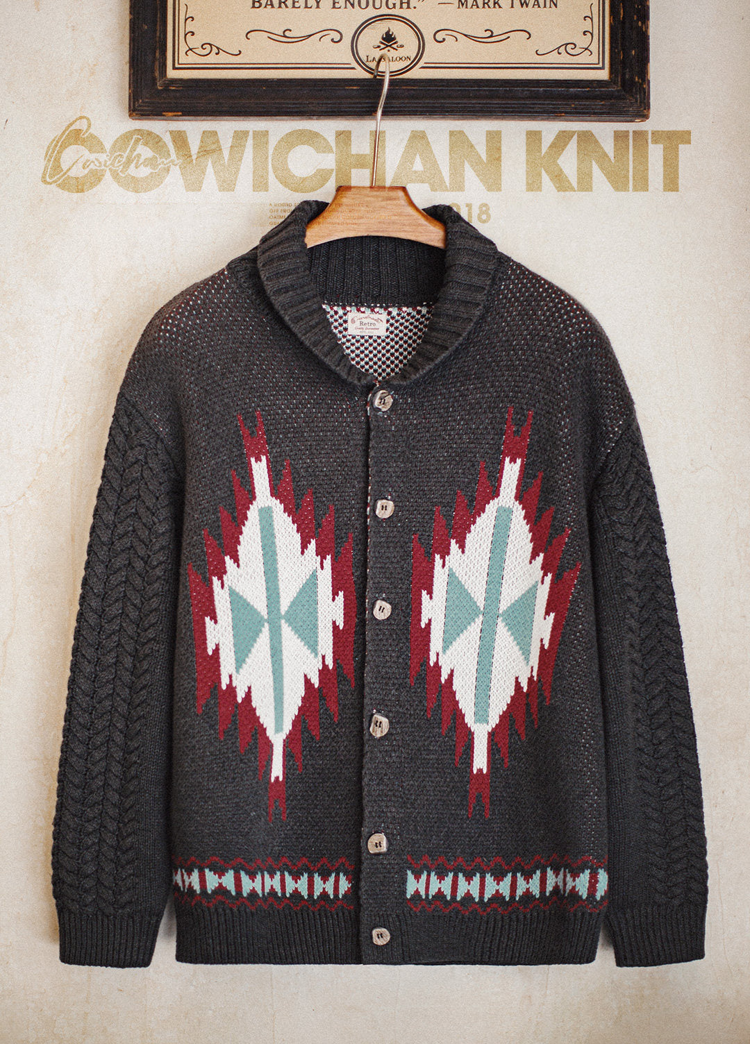 American Charcoal Gray Vintage Fruit Collar Cardigan Knitted Elasticity Men's Jacket - Harmony Gallery