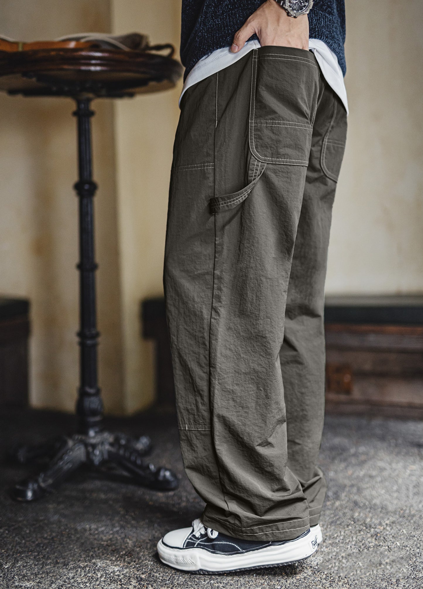 American Retro Light  Knee-Length Logging Textured Thin Drape Men's Trousers - Harmony Gallery
