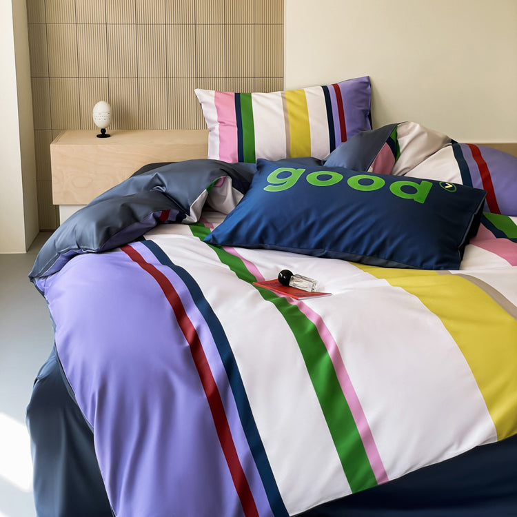 Set da letto in puro cotone satinato in quattro pezzi con strisce semplici a contrasto nordico