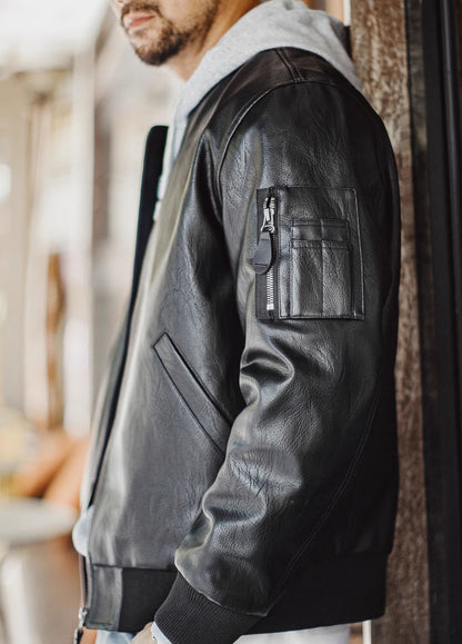 American MA1 Pilot Leather Handsome Short Lychee Pattern Men's Jacket - Harmony Gallery