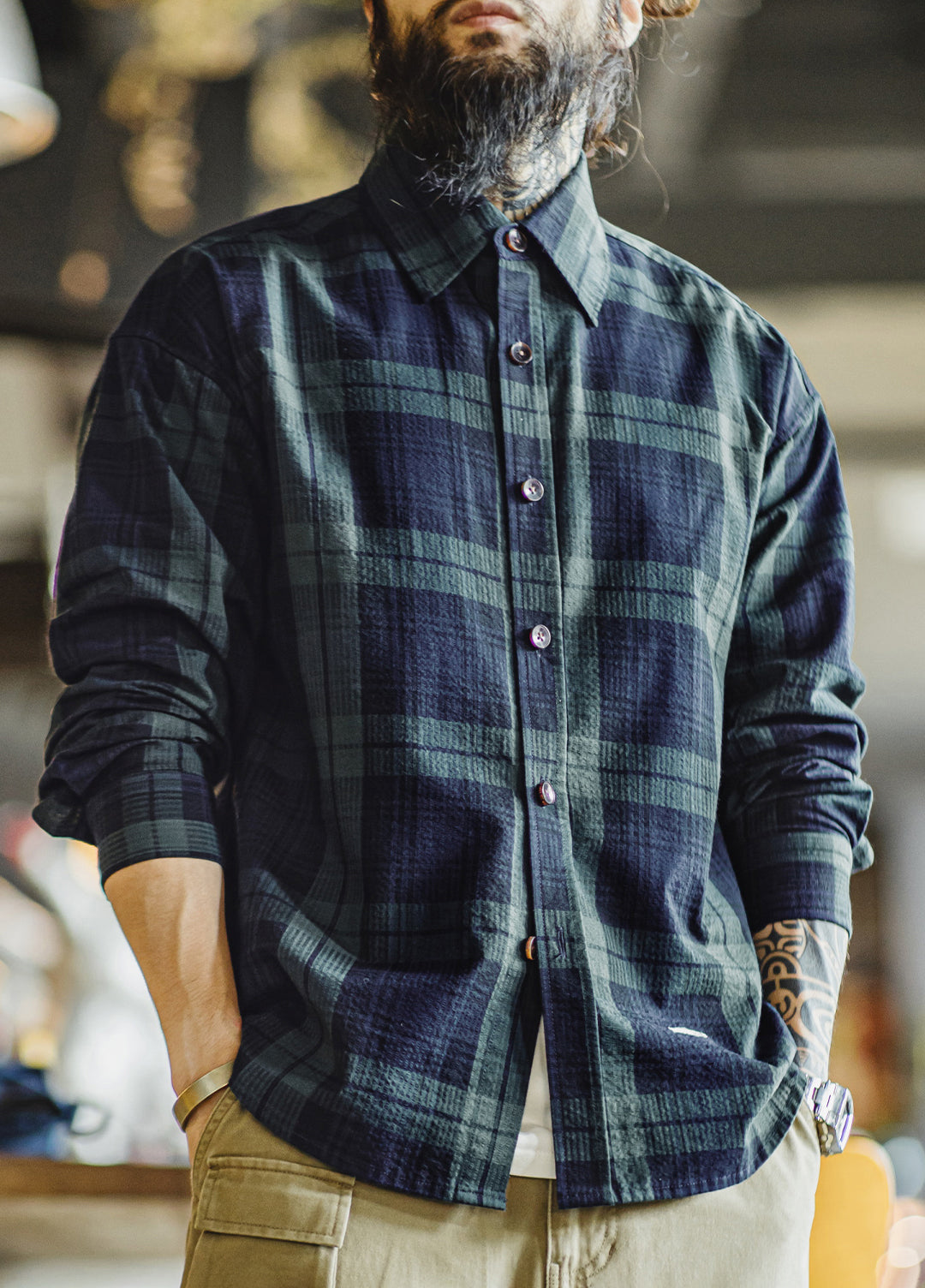 American Retro Blue-Green Plaid Embroidery Texture Thin Men's Shirt - Harmony Gallery