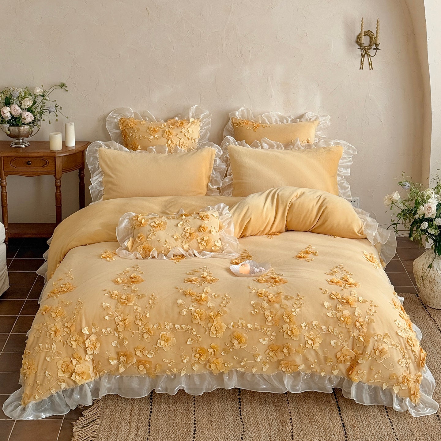 French Romantic Girly Four-Piece Thickened Coral Fleece Warm Bed Set