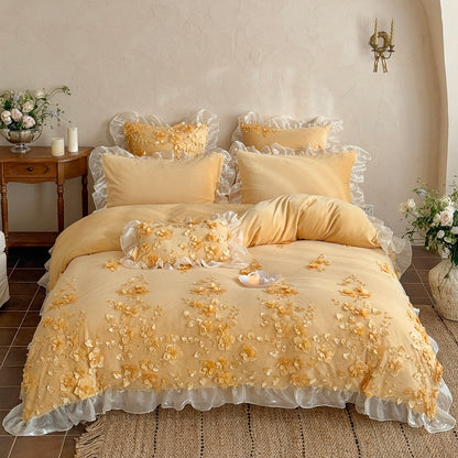 French Romantic Girly Four-Piece Thickened Coral Fleece Warm Bed Set