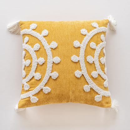 Golden Elegance Tassel Accent White Embroidered Scrollwork Throw Pillows