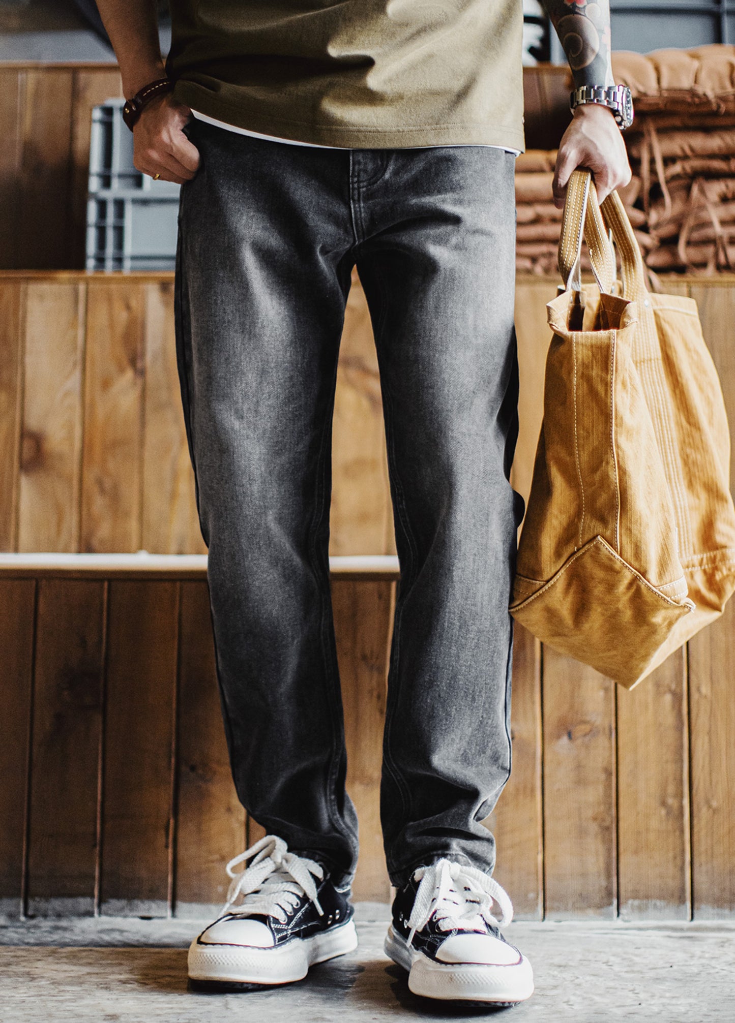 American Casual Washed Distressed Straight Slightly Tapered Carrot Men's Jeans - Harmony Gallery