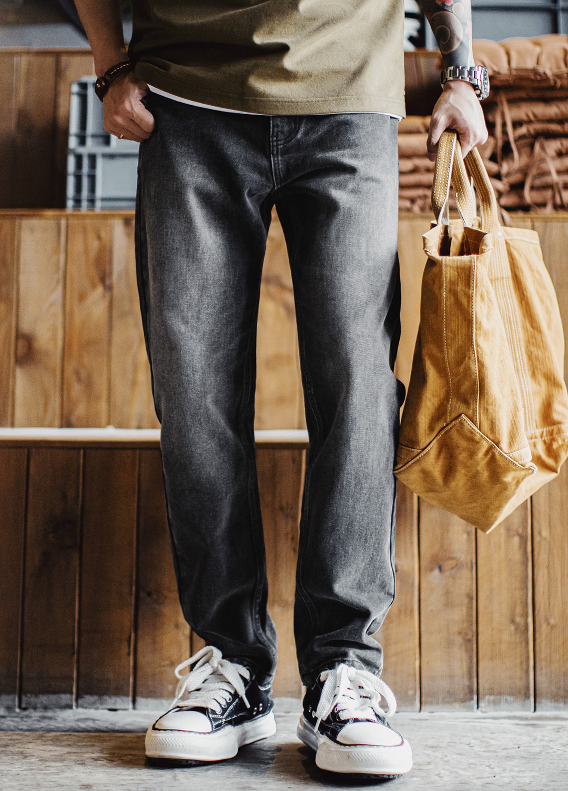 American Casual Washed Distressed Straight Slightly Tapered Carrot Men's Jeans - Harmony Gallery