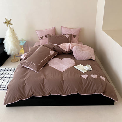 Girls Love Fall And Winter Thickened Brushed Four-piece Pure Cotton Bed Set