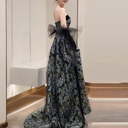 Elegant Black and Blue Floral Strapless Ball Gown with Sheer Gloves