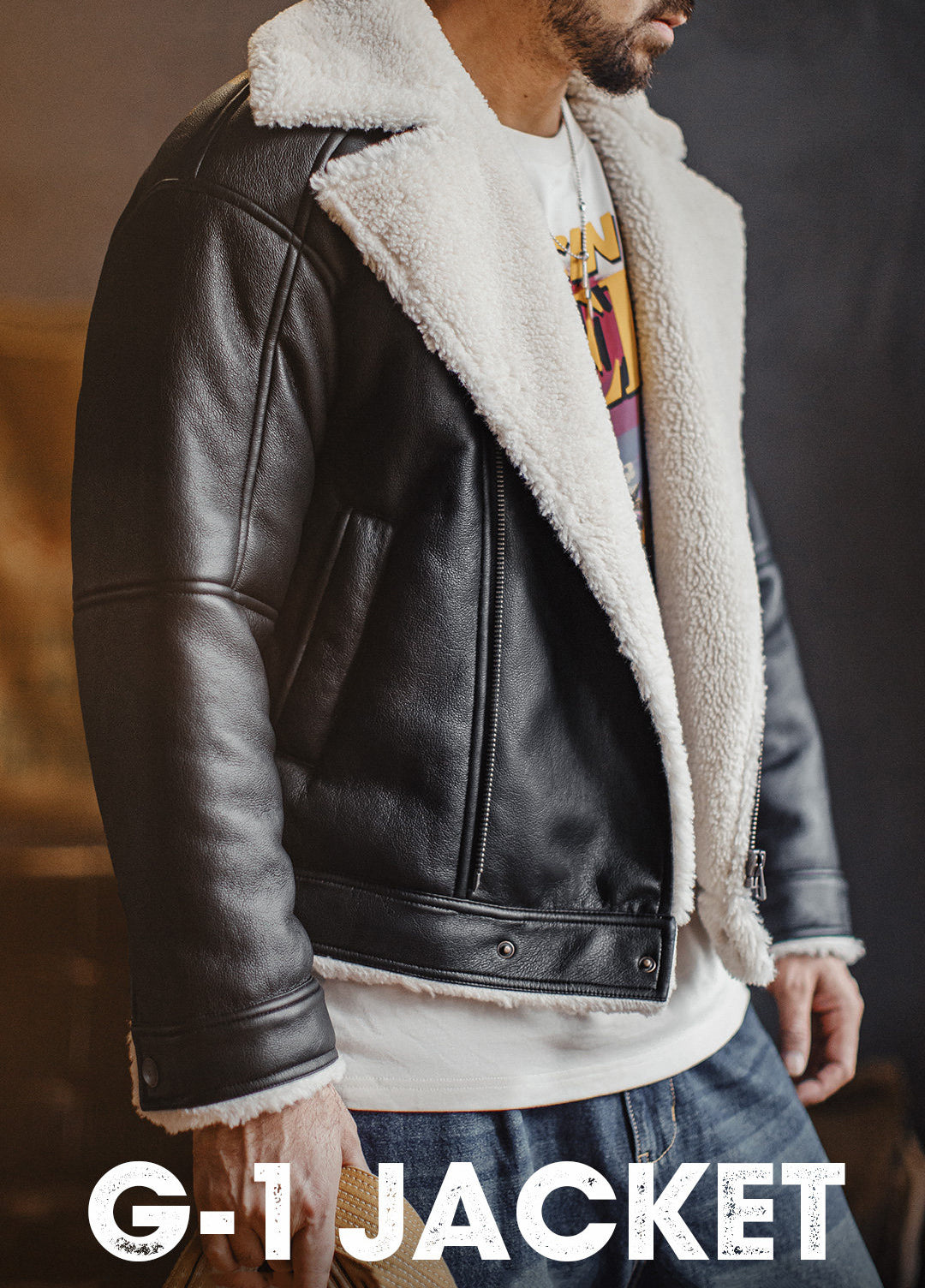 American G1 Flight Bomber Faux Textured Lambswool Lychee Leather Men's Jacket