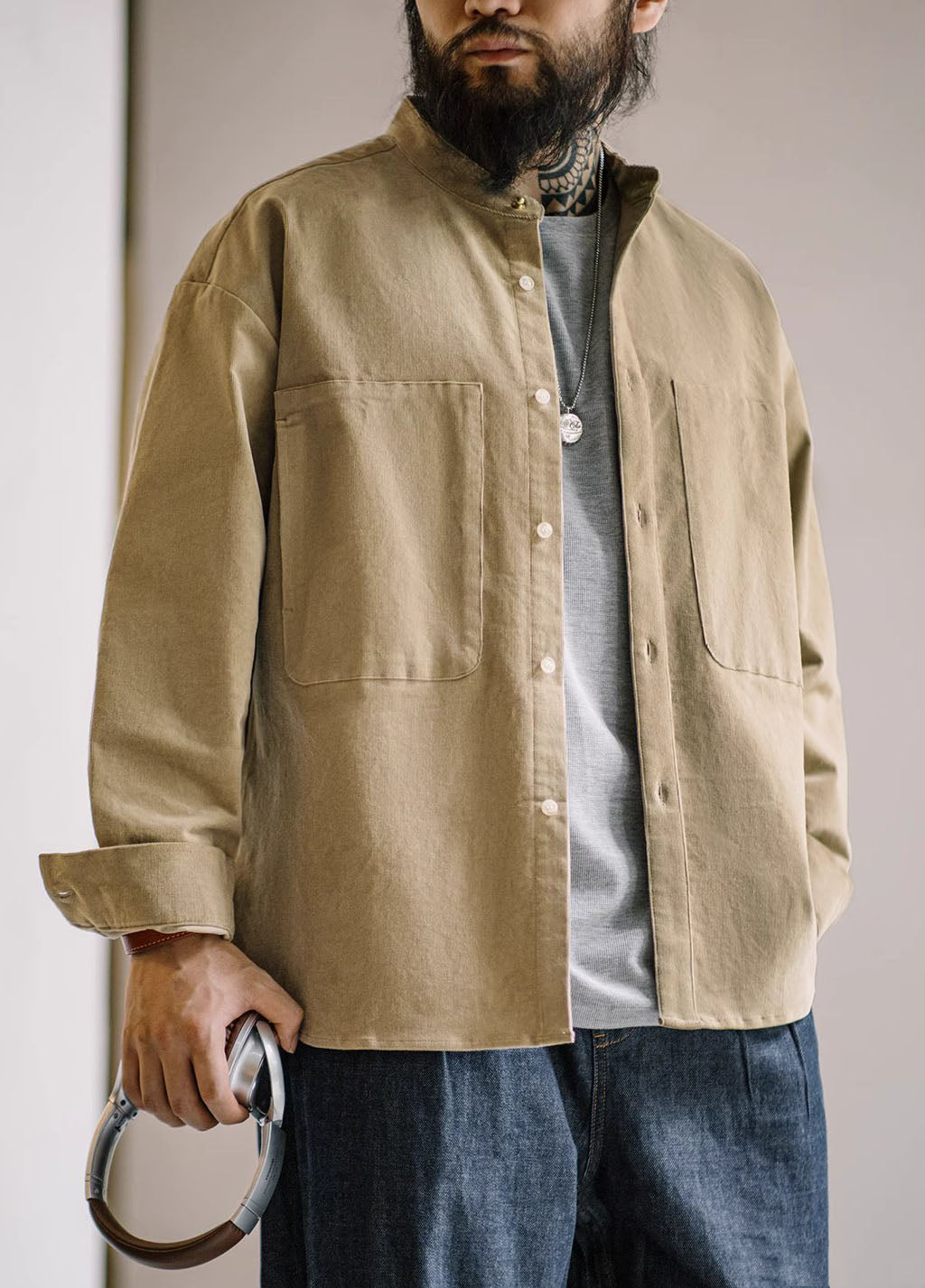 American Retro Workwear Corduroy Collarless Loose Men's Shirt - Harmony Gallery