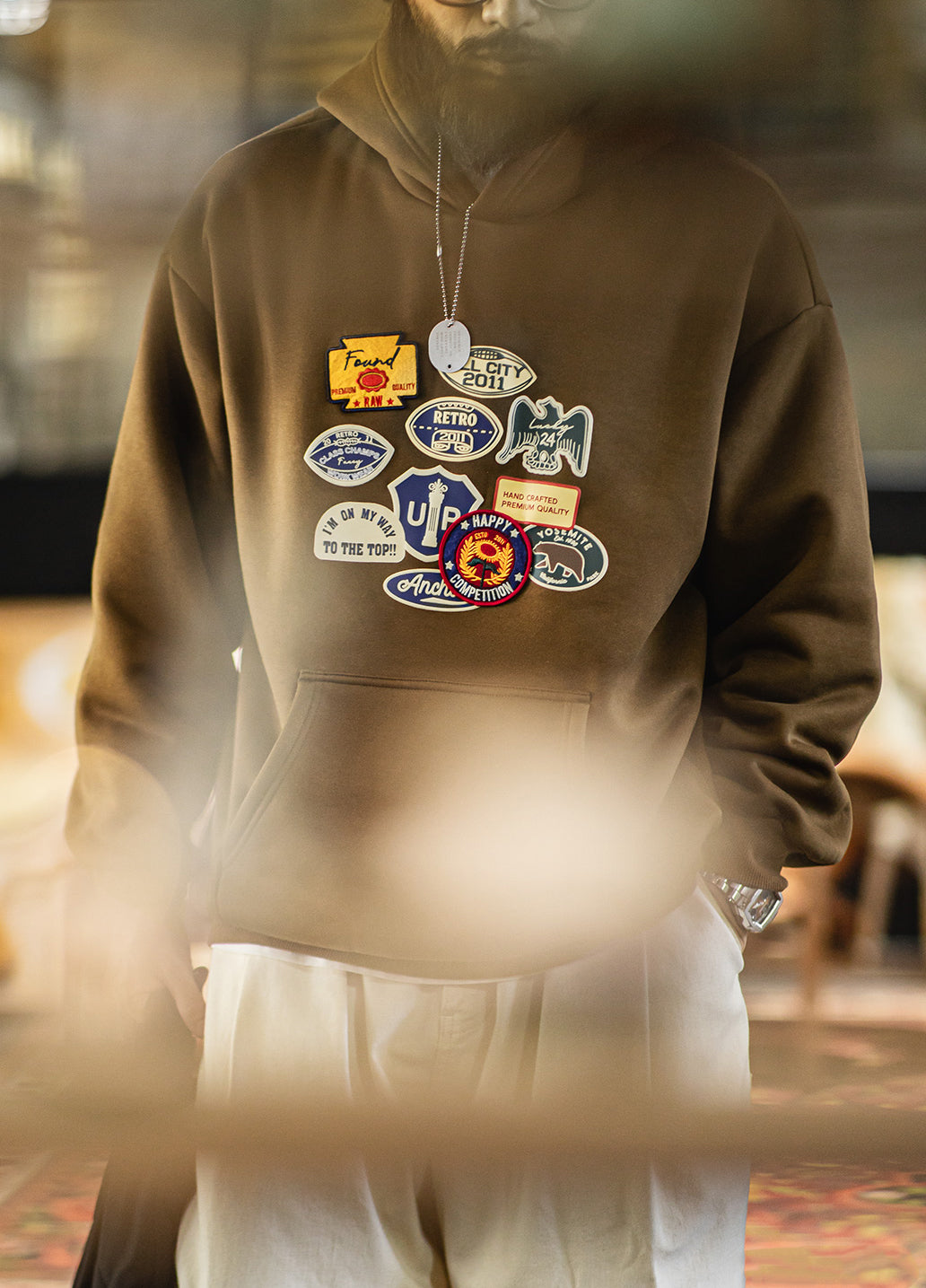 American Badge With Fleece Lining Micro-Elasticity Loose-Fitting Men's Sweater