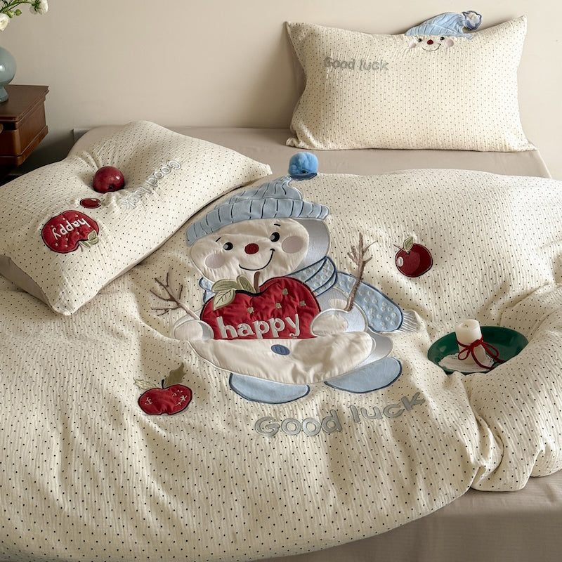 Cartoon Embroidered Breathable Double-Layer Ultra-Soft Four-Piece Bed Set
