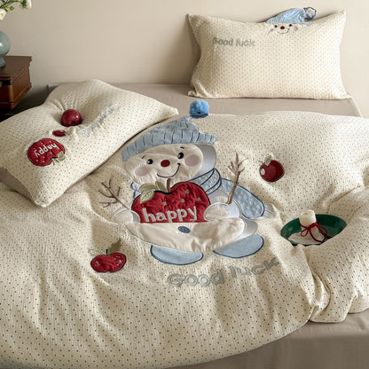 Cartoon Embroidered Breathable Double-Layer Ultra-Soft Four-Piece Bed Set