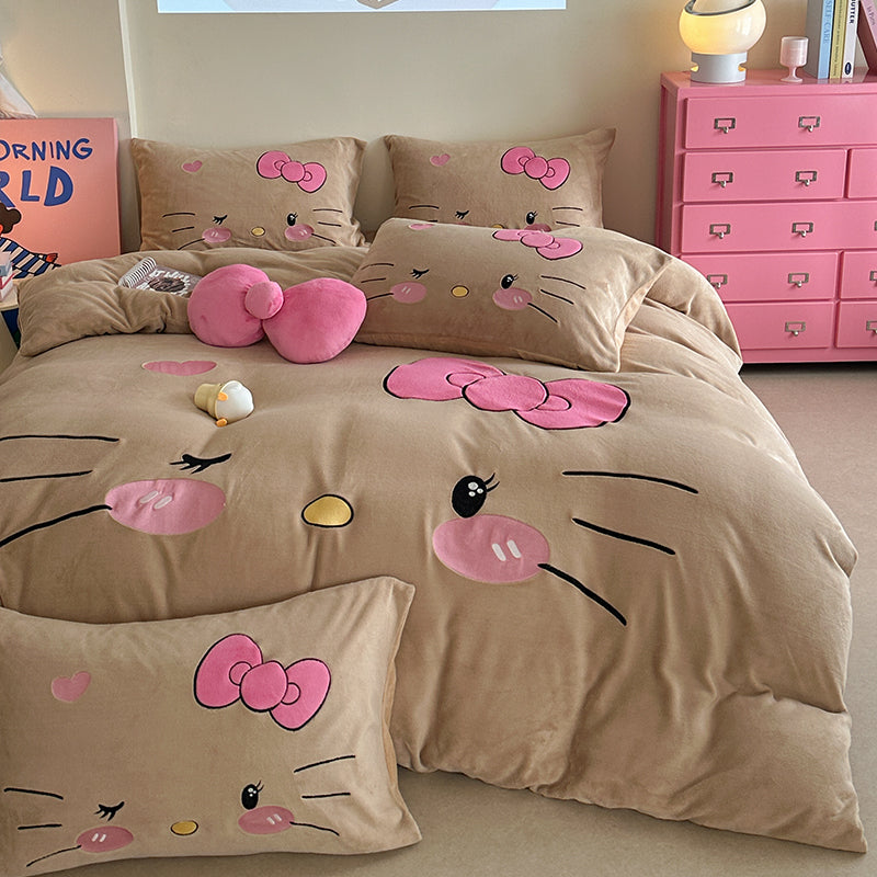 Children's Hello Kitty Little Milk Fleece Cartoon Winter Four-Piece Bed Set