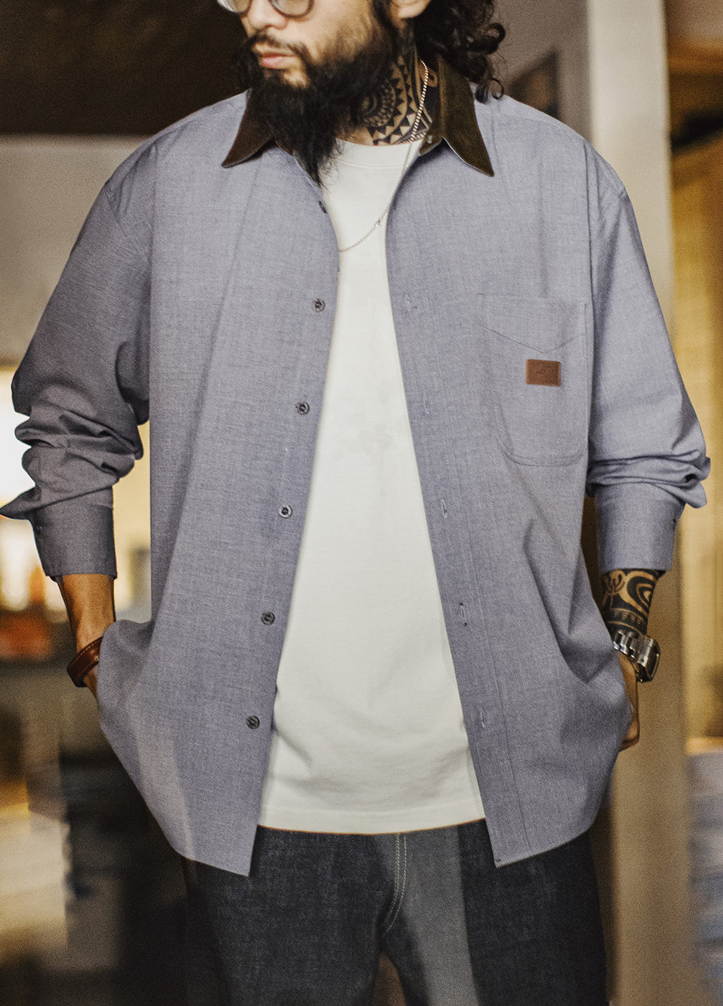 American Casual Corduroy Patchwork Meteorite Gray Thin Daily Men's Shirt - Harmony Gallery