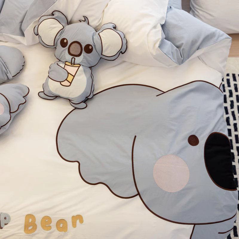 Cute Little Koala Cartoon Washed Four-Piece Pure Cotton Bed Set - Harmony Gallery