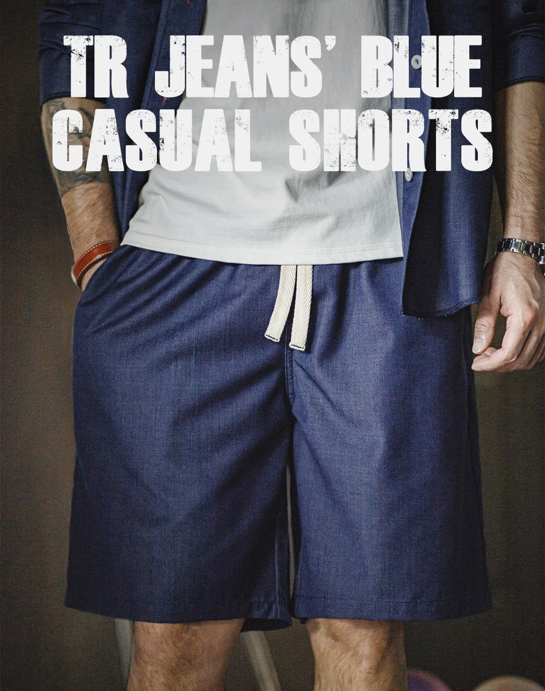 Shorts masculino americano retrô Tencel Denim cintura elástica com cordão