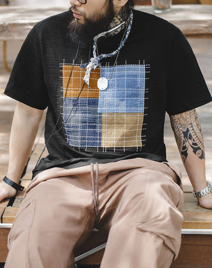 Retro Patchwork Bamboo Color Contrast Cotton Men's T-Shirt - Harmony Gallery