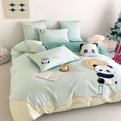 Cute Small Panda Pure Cotton Washed Four-Piece Bed Set