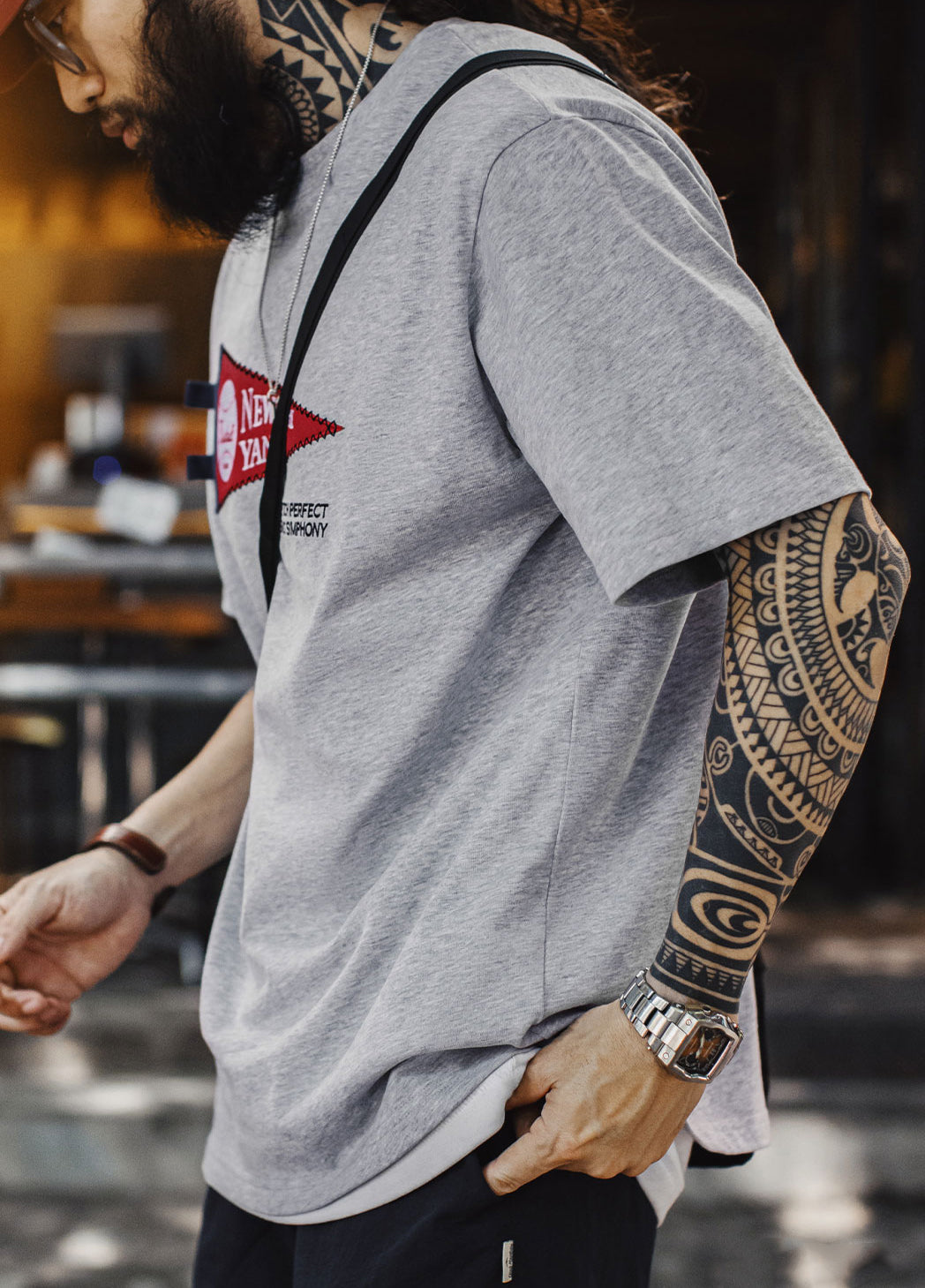 American Retro Patch Flower Gray Yankees Heavy Cotton Baseball Men's T-Shirt - Harmony Gallery