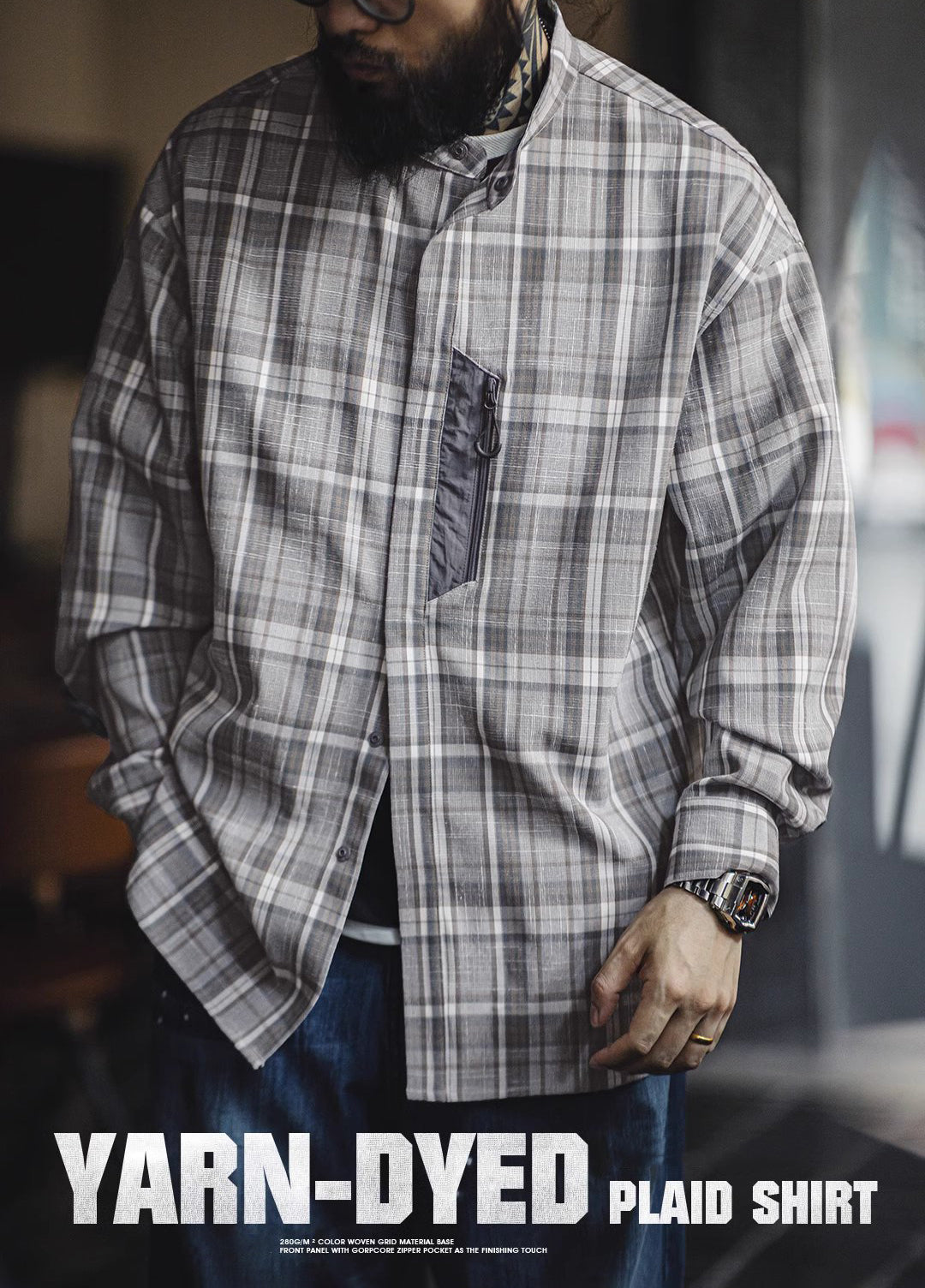 American Retro Workwear Gray Grid Yarn-Dyed Blended Men's Shirt