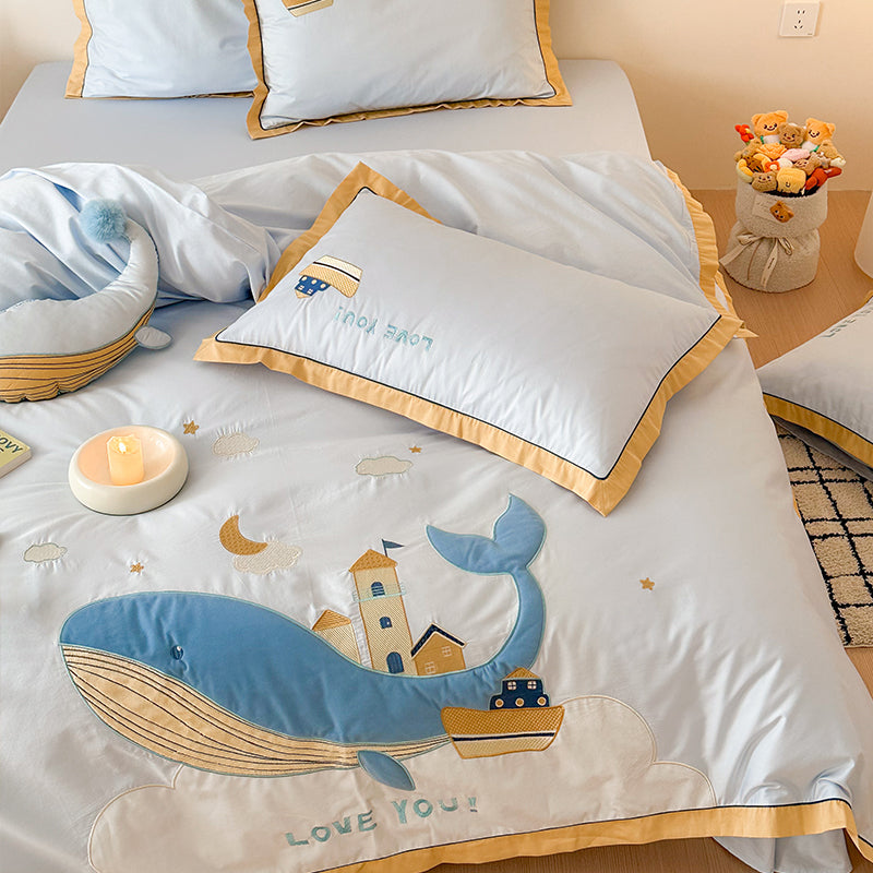 Cute Cartoon Whale For Boy And Girl  Pure Cotton Four-Piece Bed Set