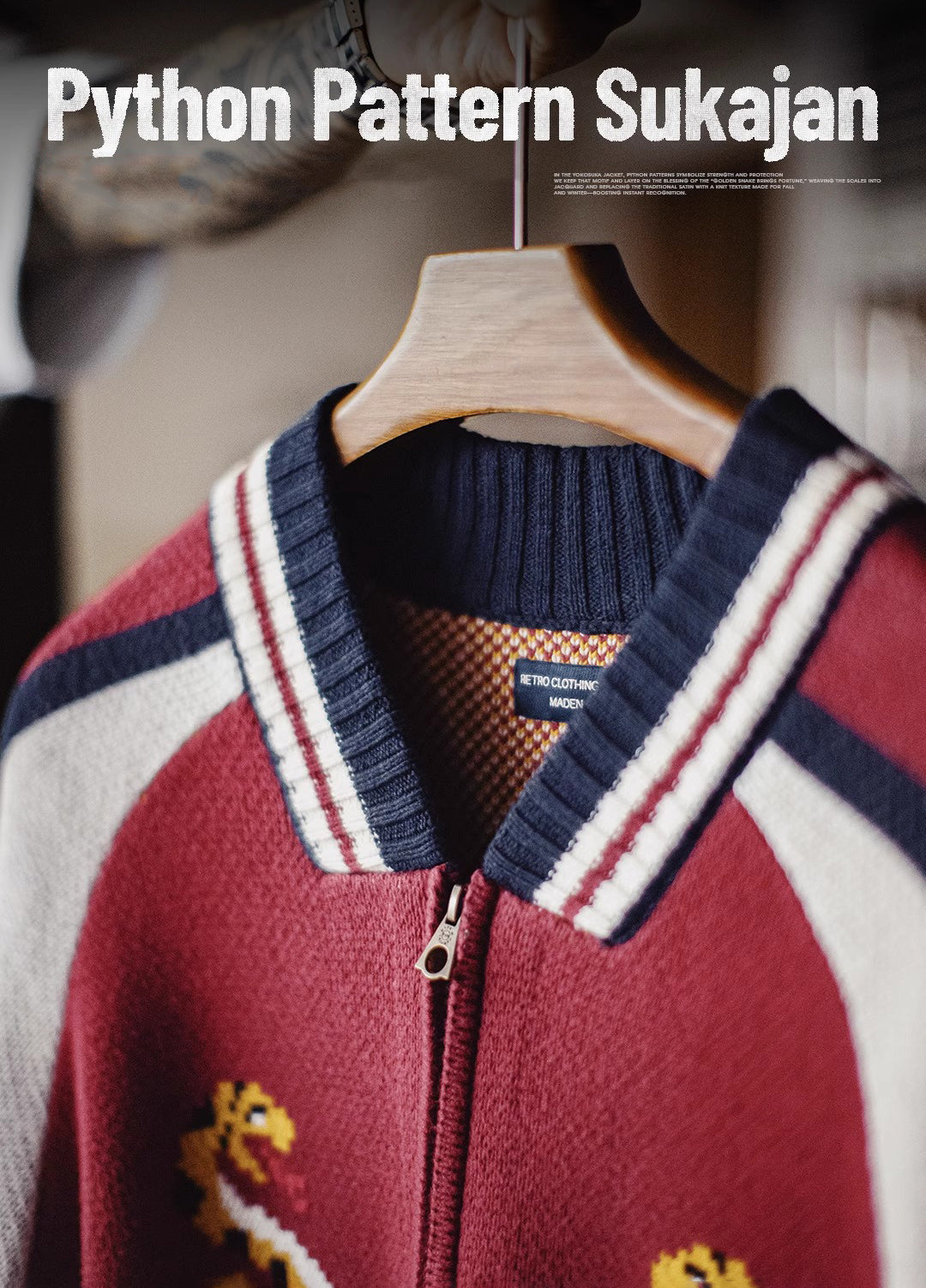 American Python Red Woolen Drape Cardigan Jacquard Keep Warm Men's Jacket - Harmony Gallery