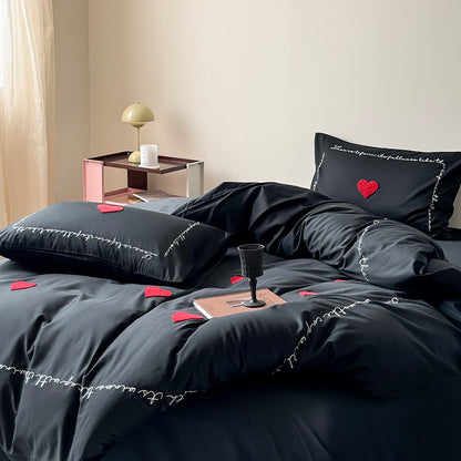 Light Luxury High-End Black Love Four-Piece Pure Cotton Bed Set