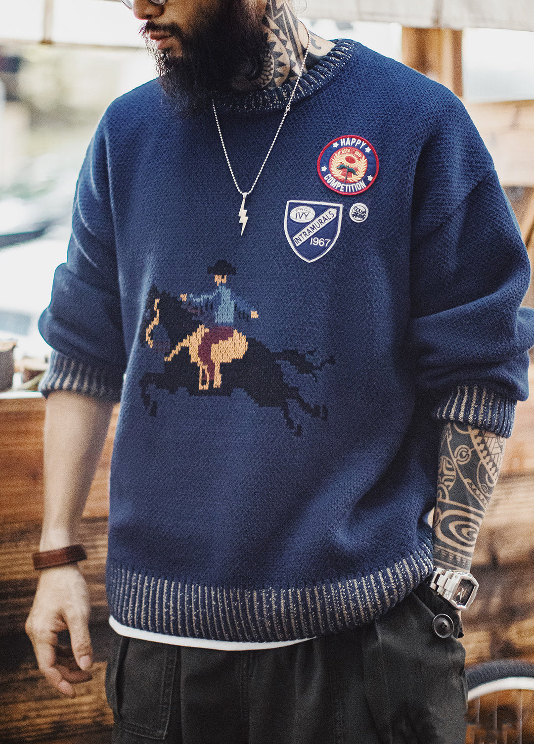 American Contrasting Color Warm Threaded Neckline Knitted Men's Sweater - Harmony Gallery