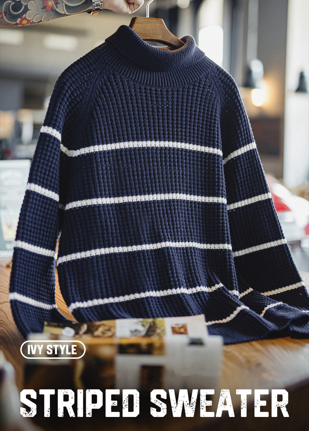 American Striped Raglan Sleeve Turtleneck Knit Thickened And Warm Men's Sweater - Harmony Gallery