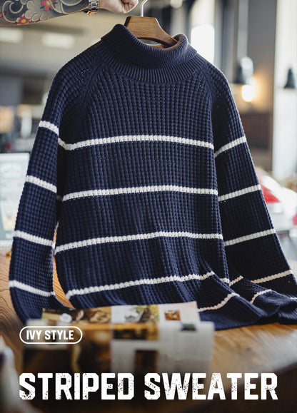 American Striped Raglan Sleeve Turtleneck Knit Thickened And Warm Men's Sweater - Harmony Gallery