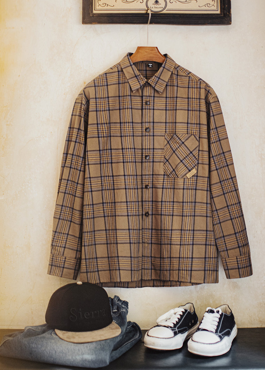 American Retro Plaid Thin Long-Sleeved Pure Cotton Brown Men's Shirt - Harmony Gallery