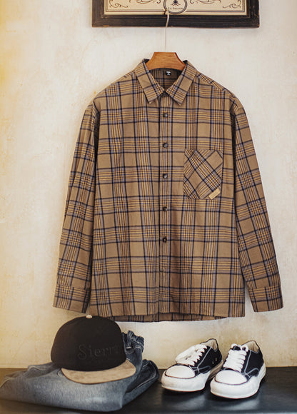 American Retro Plaid Thin Long-Sleeved Pure Cotton Brown Men's Shirt - Harmony Gallery