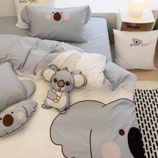Cute Little Koala Cartoon Washed Four-Piece Pure Cotton Bed Set - Harmony Gallery