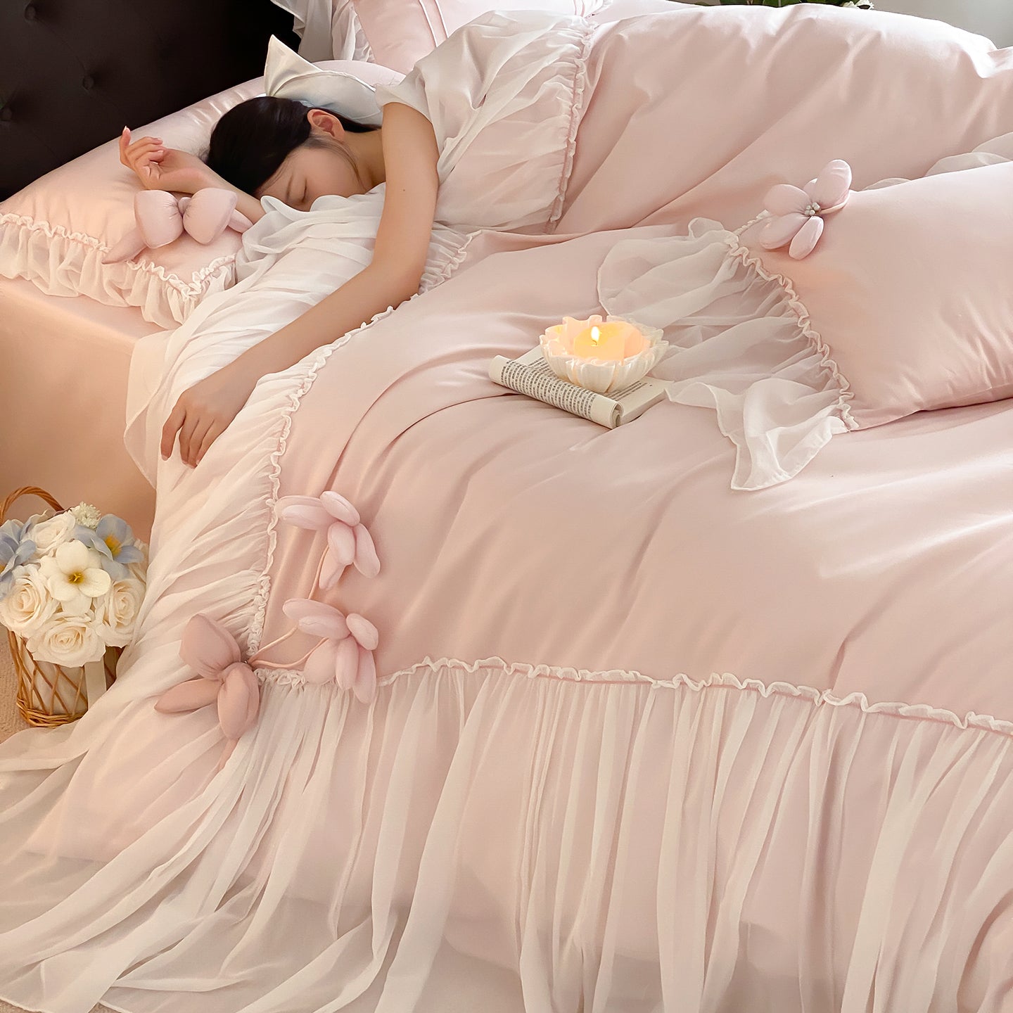 French Girly Lace-Trimmed Bow Princess Four-Piece Cotton Long-Staple Bed Set