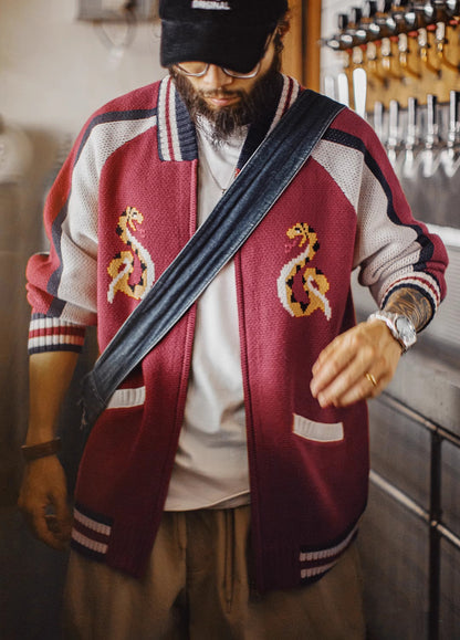 American Python Red Woolen Drape Cardigan Jacquard Keep Warm Men's Jacket - Harmony Gallery