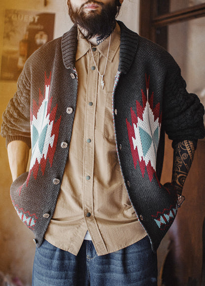 American Charcoal Gray Vintage Fruit Collar Cardigan Knitted Elasticity Men's Jacket - Harmony Gallery