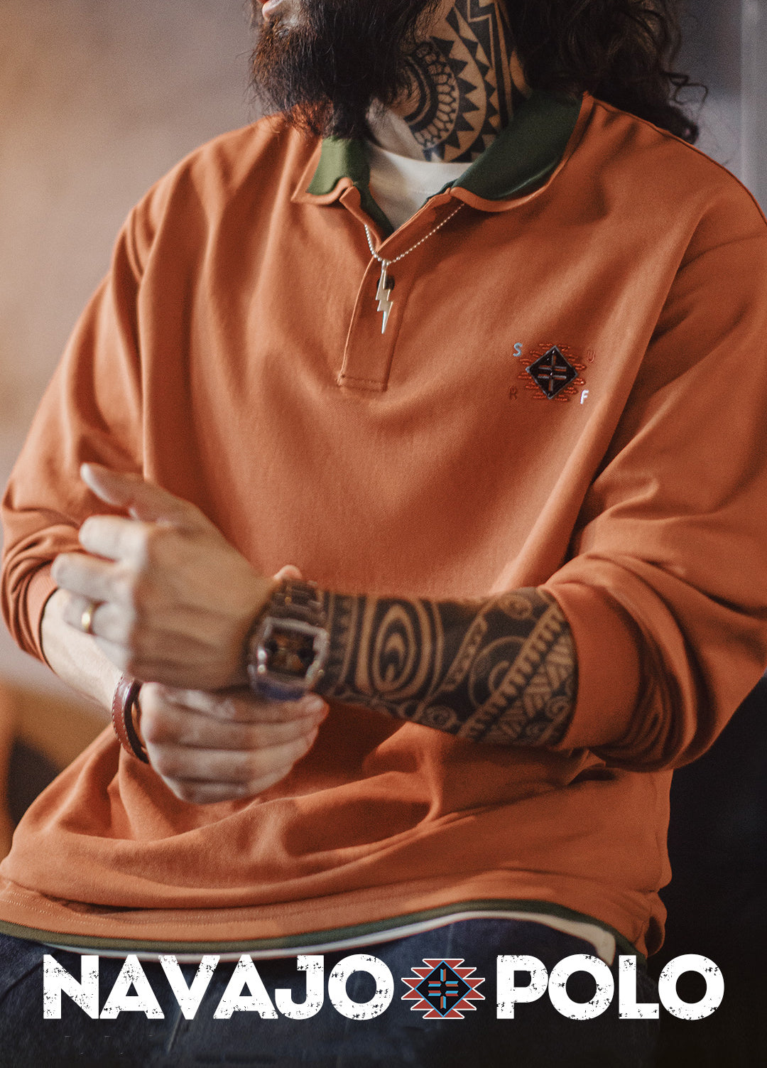 American Retro Navajo Fake Two-Piece Orange Knitted Men's Sweater - Harmony Gallery