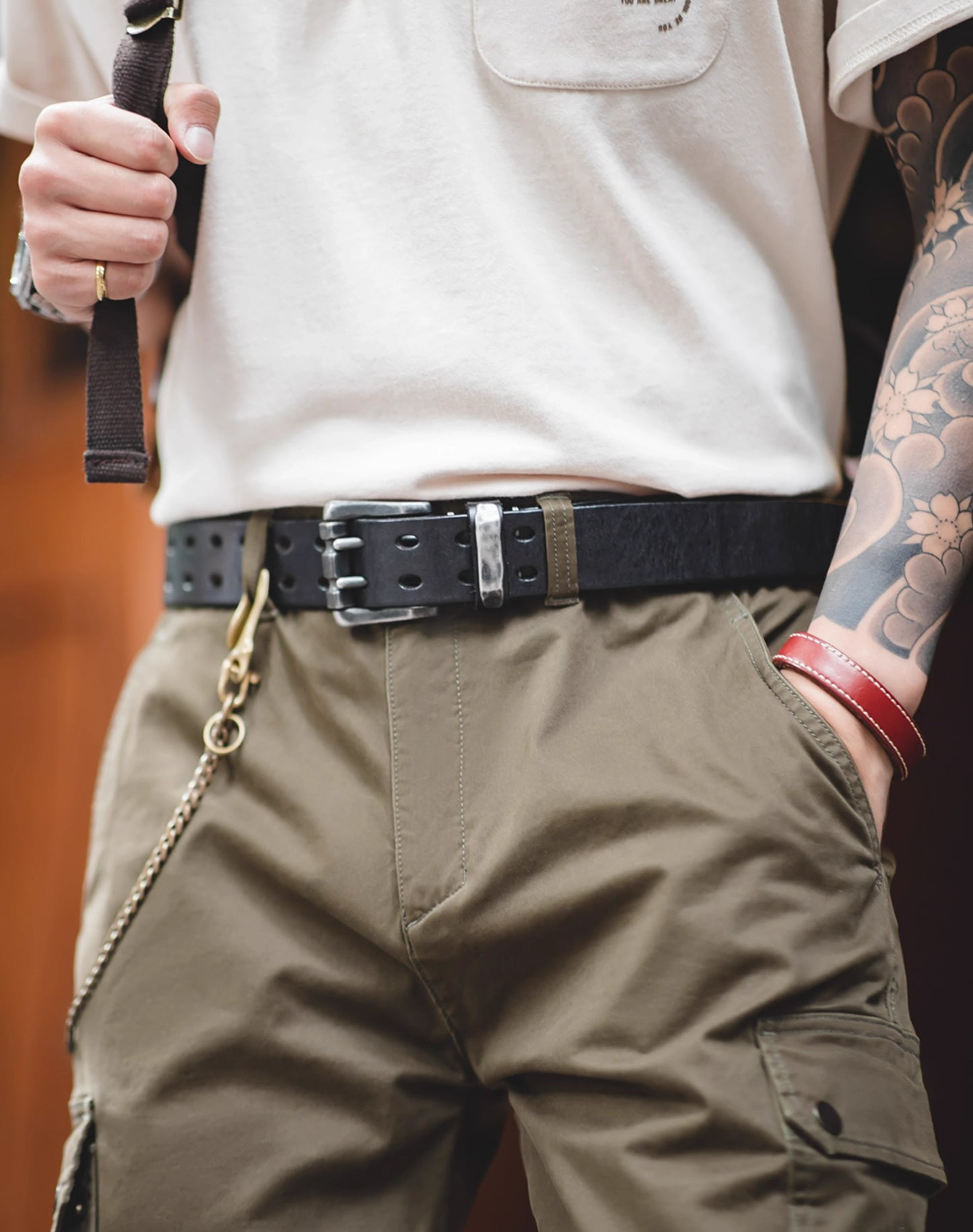 American Cowhide Tanned Double-Pin Buckle Tough Guy Men's Belt