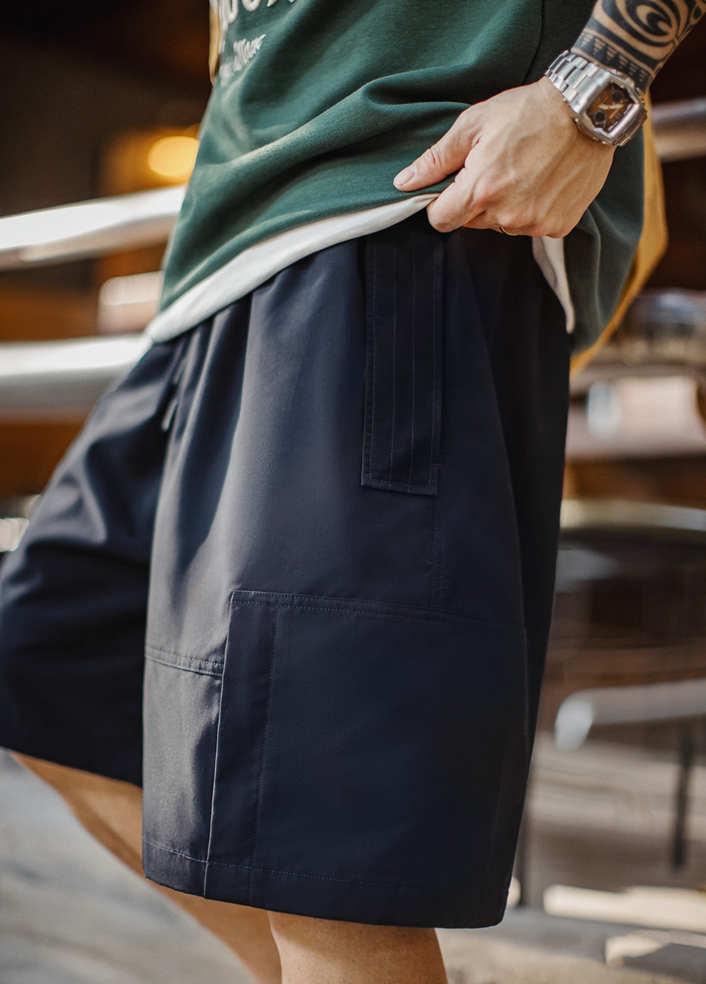 American Retro Drawstring Elastic Waist Straight Large Pocket Men's Shorts - Harmony Gallery