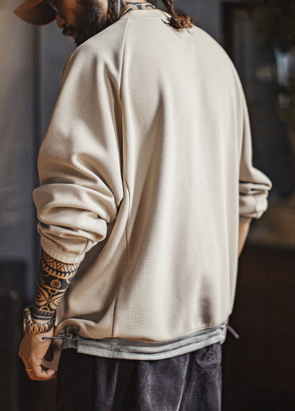 American Casual Waffle Heavy Raglan Sleeve Drape Loose Men's Sweater - Harmony Gallery